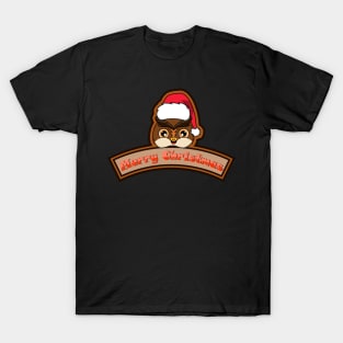 Sticker and Label Of  Owl Character Design and Merry Christmas Text. T-Shirt